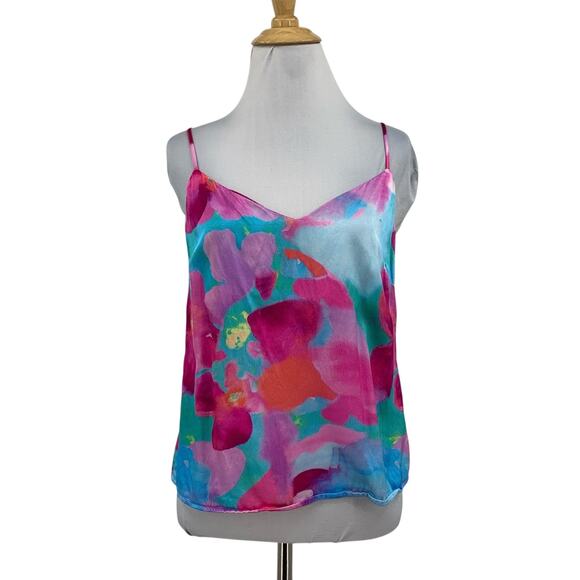 Rails Top Womens S Small Pink Blue Paola Lei Floral Satin Classic Low Back Cami - Picture 1 of 13
